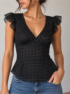 ✨ TSH Montreal Polka Dot Wrap Tie-Back Blouse XS Ruffle Sleeves